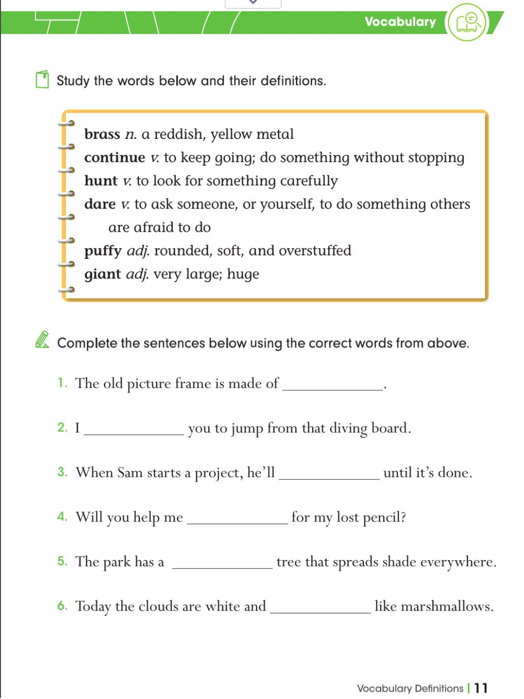 Complete Sentences with words, using Definition as guide